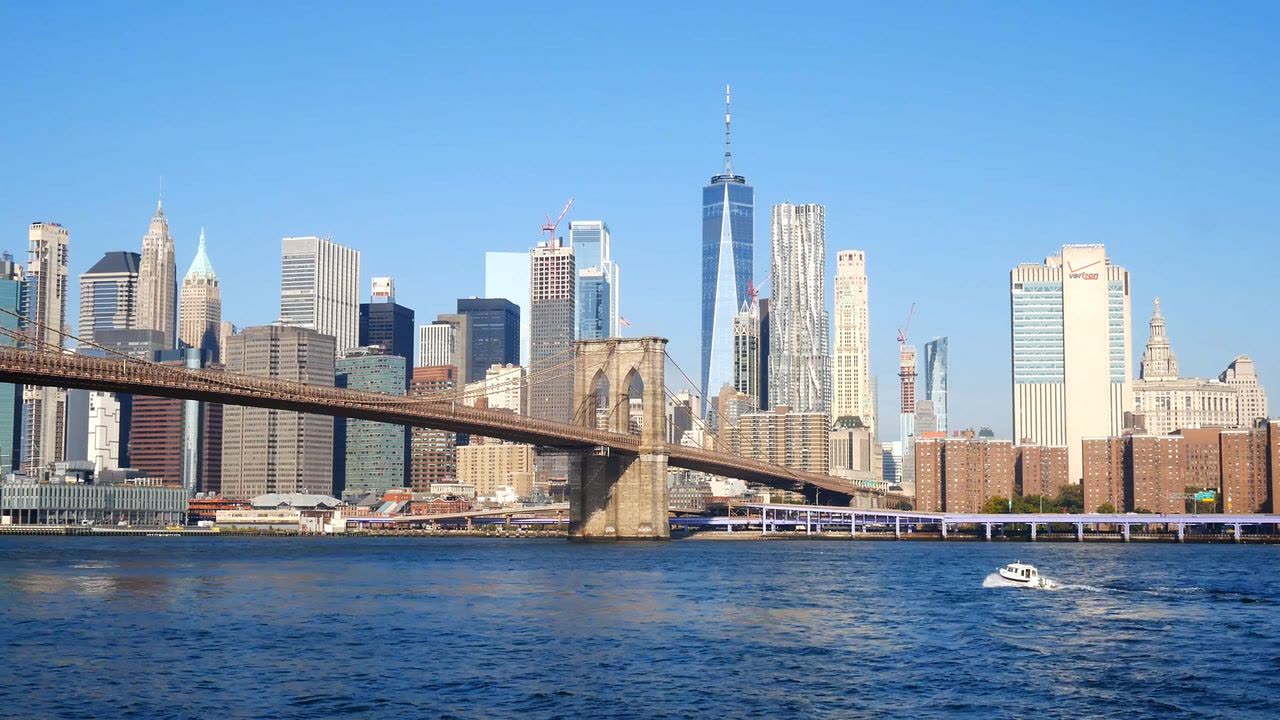 Boats on the river with a bridge leading to the city